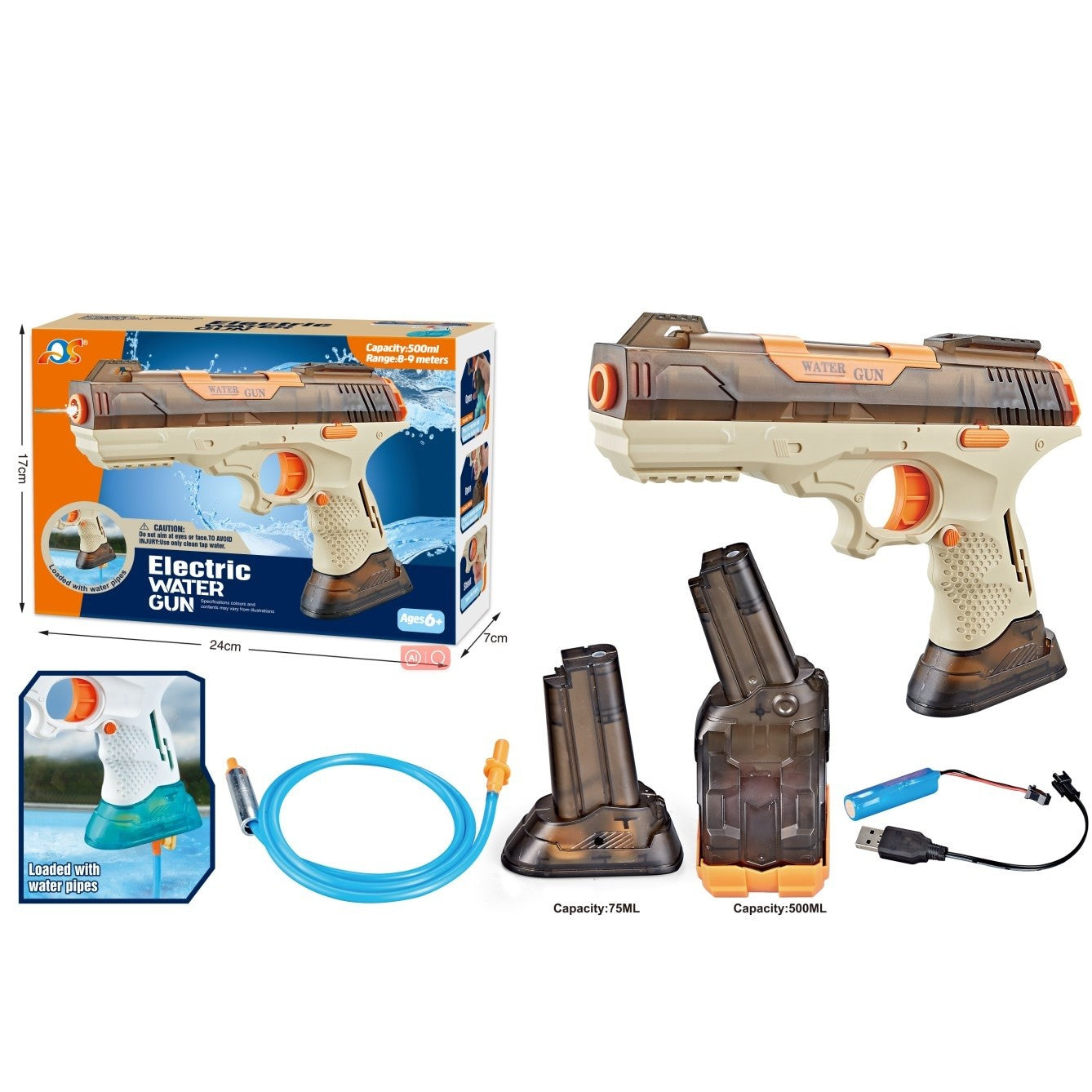Pistol cu Apa Electric, Klevo, 2 Rezervoare 75/350 ml, din ABS+Silicon, Baterie, Incarcare USB, Conectare la Furtun, +6 Ani, Maro