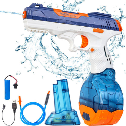 Pistol cu Apa Electric, Klevo, 2 Rezervoare 75/350 ml, din ABS+Silicon, Baterie, Incarcare USB, Conectare la Furtun, +6 Ani, Albastru