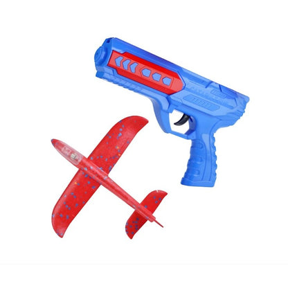 Pistol cu Lansator de Avion, Klevo, din Polistiren+Plastic, +3 Ani, Avion 24 cm, Lansare 10 m, cu Lumini, Albastru/Rosu