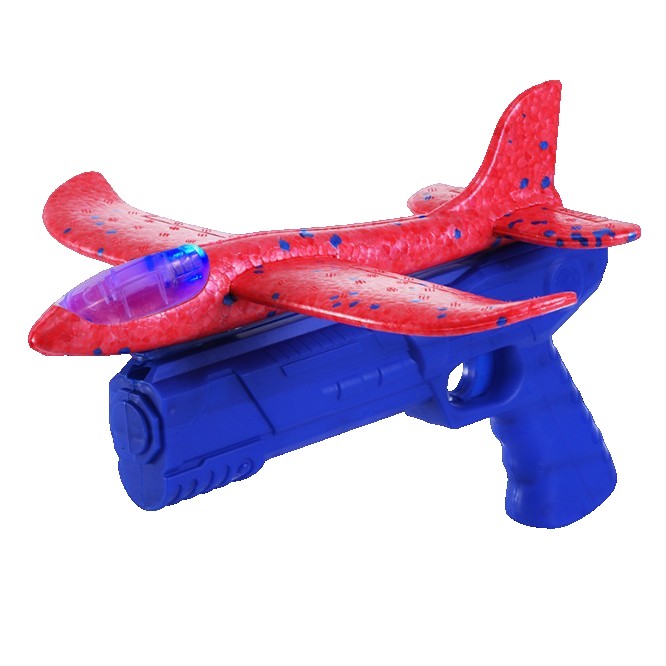 Pistol cu Lansator de Avion, Klevo, din Polistiren+Plastic, +3 Ani, Avion 24 cm, Lansare 10 m, cu Lumini, Albastru/Rosu