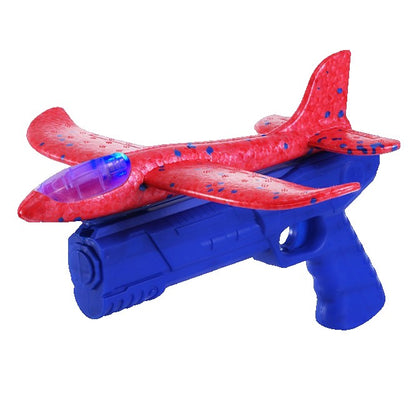 Pistol cu Lansator de Avion, Klevo, din Polistiren+Plastic, +3 Ani, Avion 24 cm, Lansare 10 m, cu Lumini, Albastru/Rosu