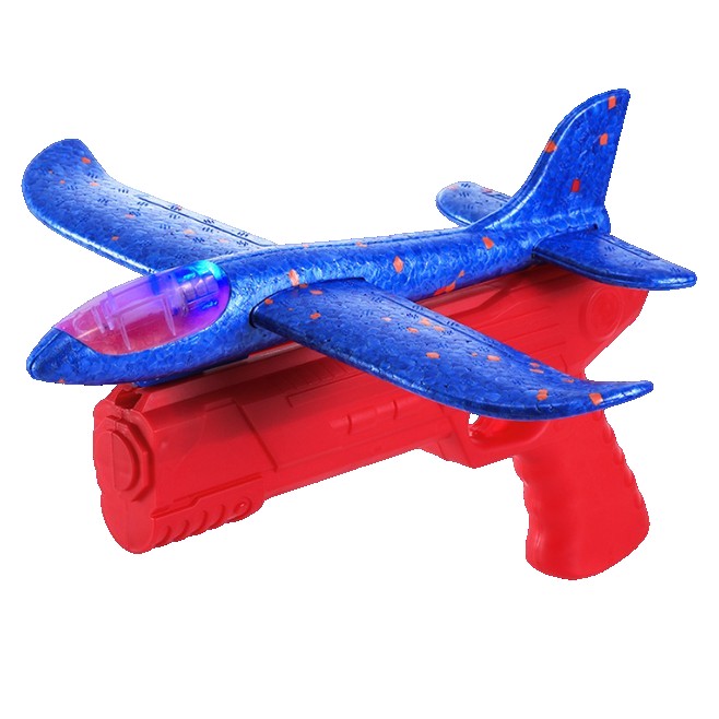 Pistol cu Lansator de Avion, Klevo, din Polistiren+Plastic, +3 Ani, Avion 24 cm, Lansare 10 m, Rosu/Albastru