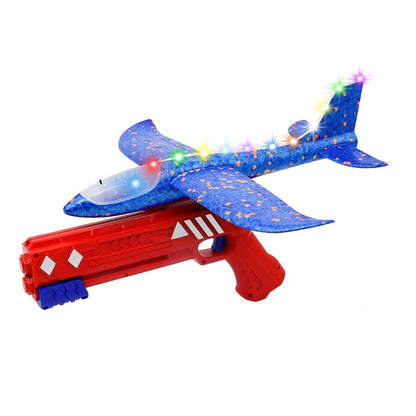 Pistol cu Lansator de Avion, Klevo, din Polistiren+Plastic, +3 Ani, Avion 38 cm, Lansare 10 m, cu Lumini si Roti, Rosu/Albastru