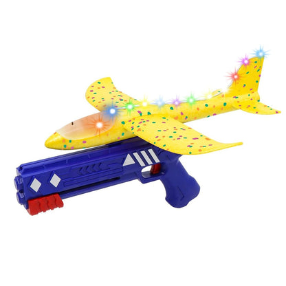 Pistol cu Lansator de Avion, Klevo, din Polistiren+Plastic, +3 Ani, Avion 38 cm, Lansare 10 m, cu Lumini si Roti, Galben/Albastru