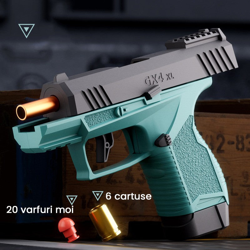 Pistol de jucarie GX4 cu Ejectie, Klevo, de Explozie de buzunar, Makara BLOWBACK, Gloante Moi pentru Copii, 15 x 13 x 3.5 cm, Negru Verde