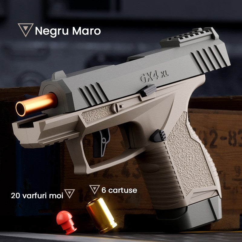 Pistol de jucarie GX4 cu Ejectie, Klevo, de Explozie de buzunar, Makara BLOWBACK, Gloante Moi pentru Copii, 15 x 13 x 3.5 cm, Negru Maro