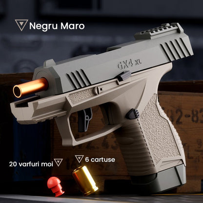 Pistol de jucarie GX4 cu Ejectie, Klevo, de Explozie de buzunar, Makara BLOWBACK, Gloante Moi pentru Copii, 15 x 13 x 3.5 cm, Negru Maro