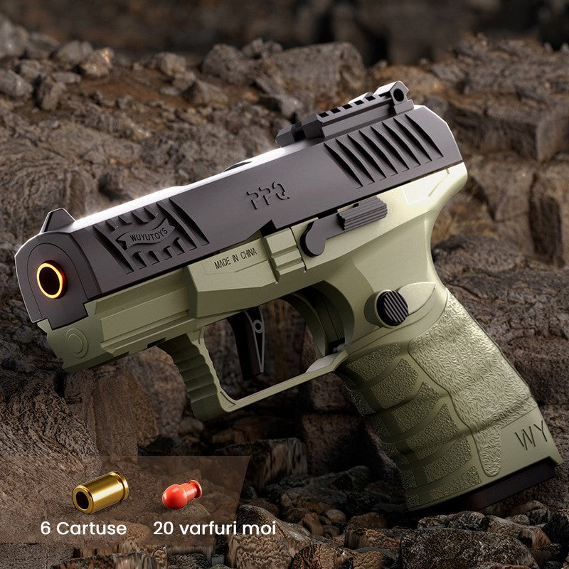 Pistol de jucarie GX4 cu Ejectie, Klevo, de Explozie de buzunar, Makara BLOWBACK, Gloante Moi pentru Copii, 15 x 13 x 3.5 cm, Negru Verde deschis