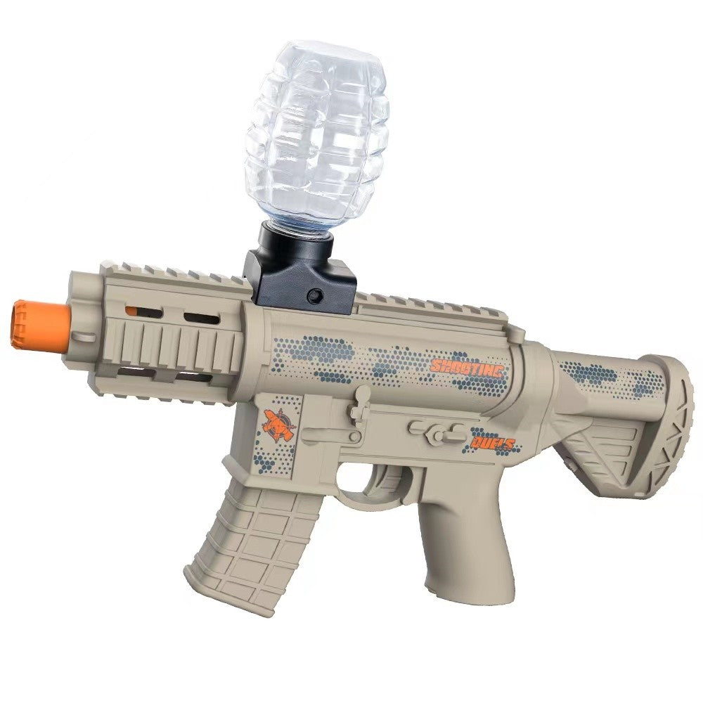 Mitraliera de jucarie electrica Klevo cu bile de hidrogen de gel, gun bluster, tragere in rafala, varsta peste 6 ani, 2 in 1 bile si ventuze, ochelari de protectie,  5000 de bile incluse, cablu de incarcare, 27x31.5 cm, Mp9, crem
