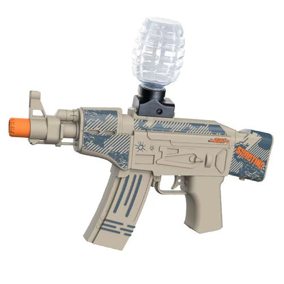 Mitraliera de jucarie electrica Klevo cu bile de hidrogen de gel, gun bluster, tragere in rafala, varsta peste 6 ani, ochelari de protectie,  5000 de bile incluse, cablu de incarcare, 28x31 cm, AK47, crem