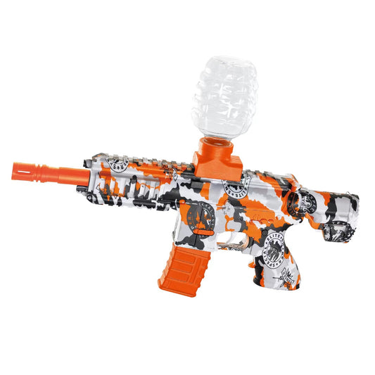 Mitraliera de jucarie electrica Klevo cu bile de hidrogen de gel, gun bluster, tragere in rafala, varsta peste 6 ani, ochelari de protectie, 5000 de bile incluse, cablu de incarcare, 27x37 cm, M416, portocaliu
