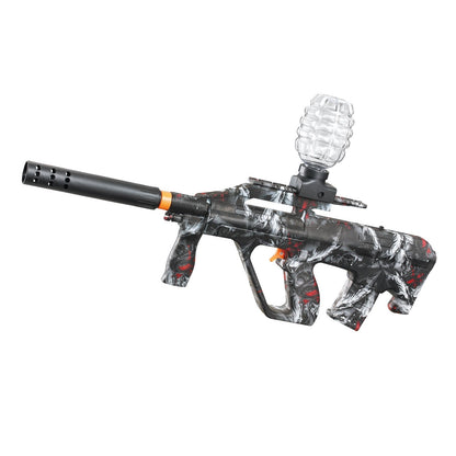 Mitraliera de jucarie electrica Klevo cu bile de hidrogen de gel, gun bluster, tragere in rafala, varsta peste 6 ani, ochelari de protectie, 5000 de bile incluse, cablu de incarcare, 28x31 cm, AUG, negru/gri