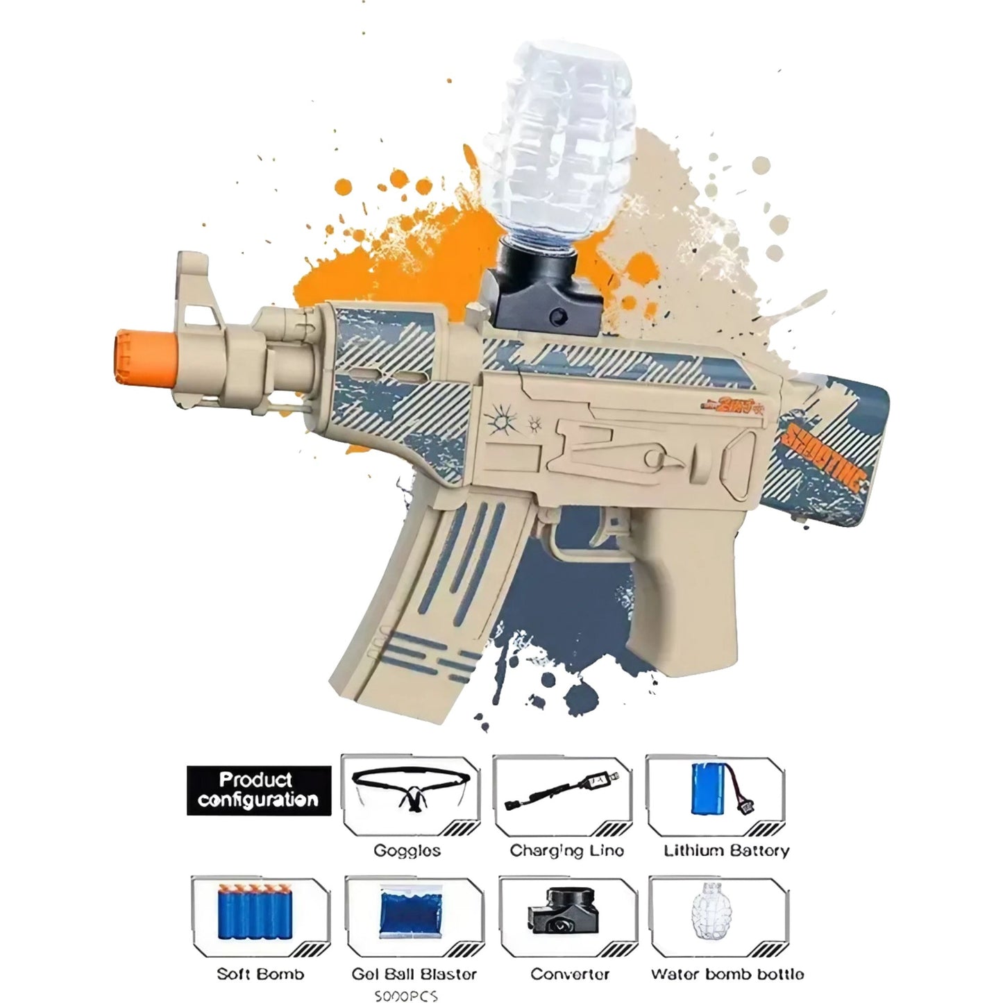 Mitraliera de jucarie electrica Klevo cu bile de hidrogen de gel, gun bluster, tragere in rafala, varsta peste 6 ani, ochelari de protectie,  5000 de bile incluse, cablu de incarcare, 28x31 cm, AK47, crem