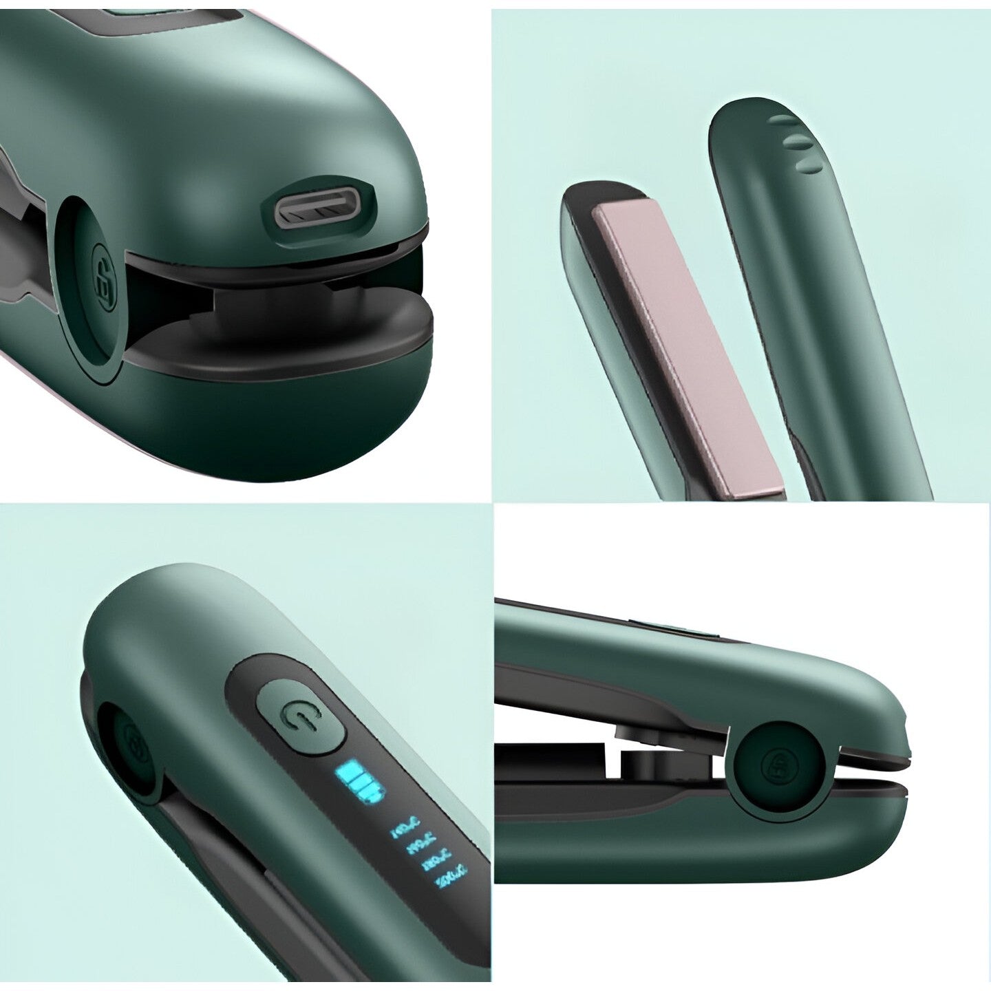 Placa de Par fara Fir, Klevo, Adaptor Tip C, 4 Trepte de Temperatura, Tensiune 5V, Capacitate Baterie 5000 mAh, Indreptat, Ondulat, 23.5x3.3x4.5 cm, Verde