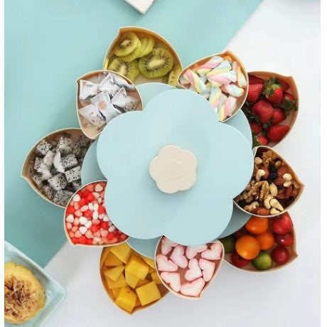 Tava pentru Servire, Klevo, pentru Fructe / Legume / Snackuri, cu Sertare, Deschidere Rotativa, pe 2 Straturi, in Forma de Floare, 26 x 26 x 11.5 cm Albastru