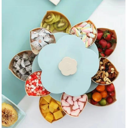 Tava pentru Servire, Klevo, pentru Fructe / Legume / Snackuri, cu Sertare, Deschidere Rotativa, pe 2 Straturi, in Forma de Floare, 26 x 26 x 11.5 cm Albastru
