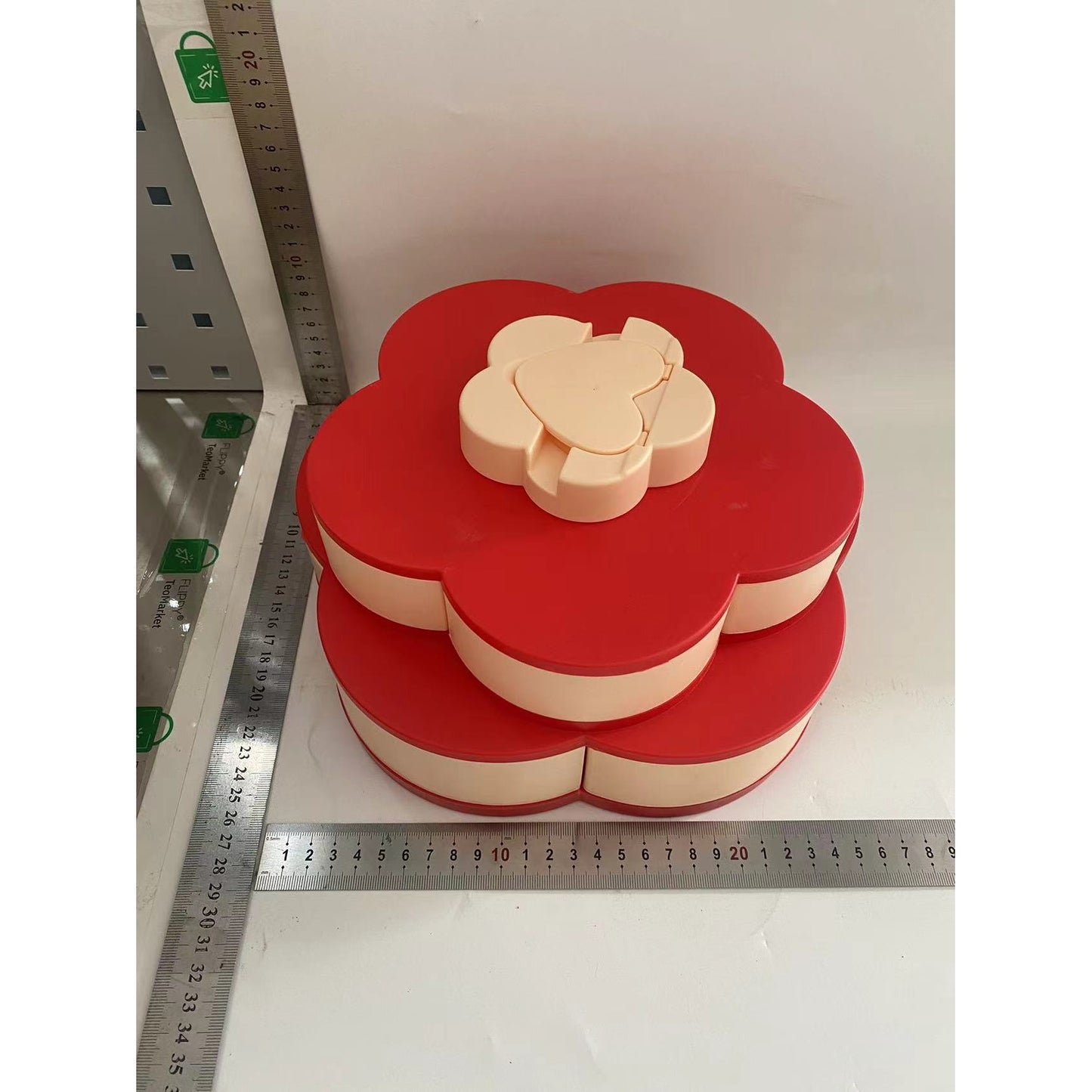 Tava pentru Servire, Klevo, pentru Fructe / Legume / Snackuri, cu Sertare, Deschidere Rotativa, pe 2 Straturi, in Forma de Floare, 26 x 26 x 11.5 cm Roz