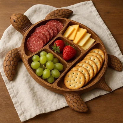 Platou pentru Servire, Klevo, in Forma de Broasca Testoasa, 3 Compartimente pentru Mezeluri, Branzeturi, Snacksuri, Fructe, Design Artistic, din Lemn Masiv, 24 x 24 x 3 cm, Maro