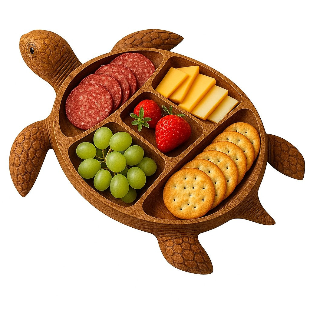 Platou pentru Servire, Klevo, in Forma de Broasca Testoasa, 3 Compartimente pentru Mezeluri, Branzeturi, Snacksuri, Fructe, Design Artistic, din Lemn Masiv, 24 x 24 x 3 cm, Maro