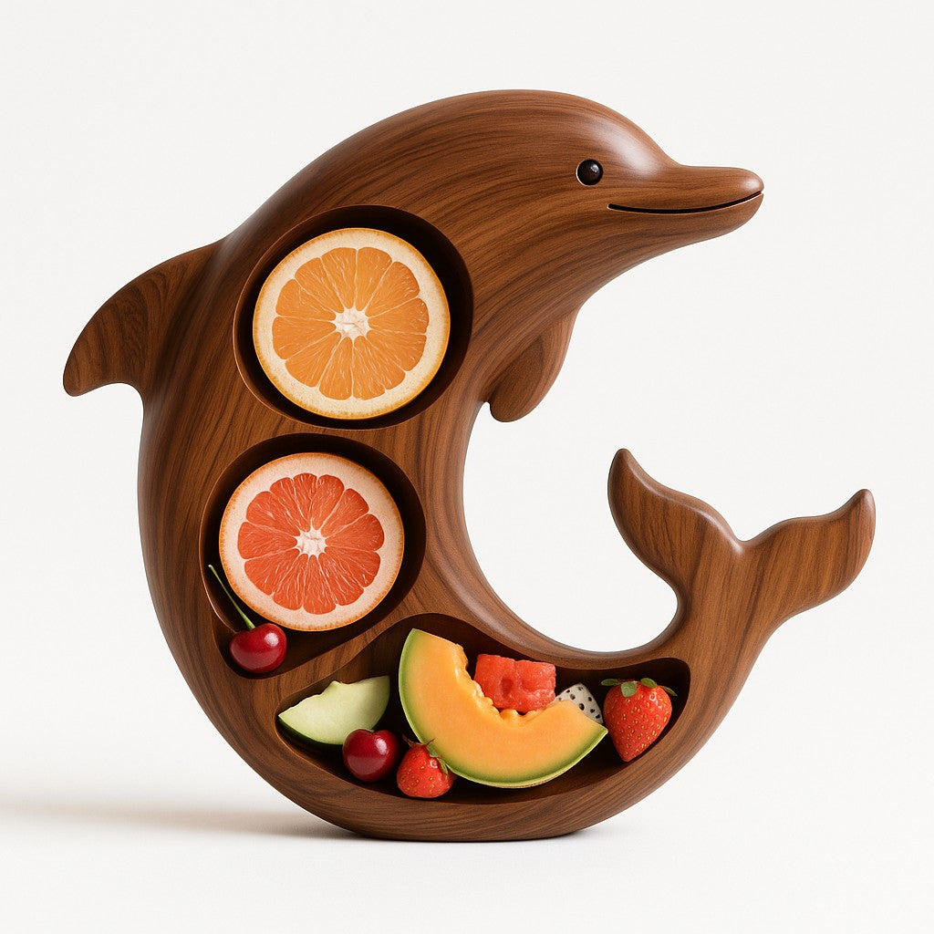 Platou pentru Servire, Klevo, in Forma de Delfin, 3 Compartimente pentru Mezeluri, Branzeturi, Snacksuri, Fructe, Design Artistic, din Lemn Masiv, 26 x 25 x 4 cm, Maro Natur