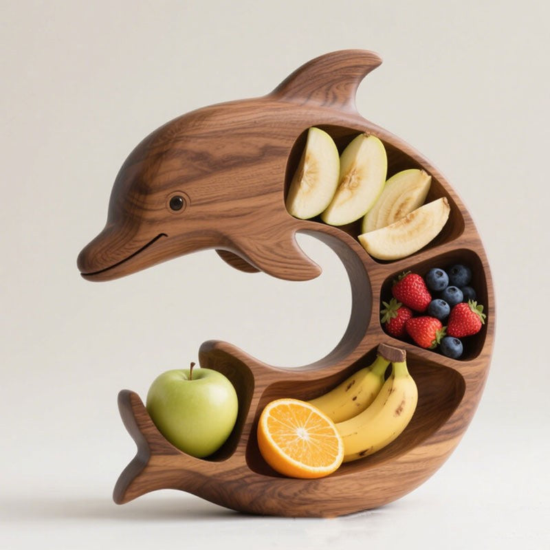 Platou pentru Servire, Klevo, in Forma de Delfin, 4 Compartimente pentru Mezeluri, Branzeturi, Snacksuri, Fructe, Design Artistic, din Lemn Masiv, 26 x 25 x 4 cm, Maro Natur