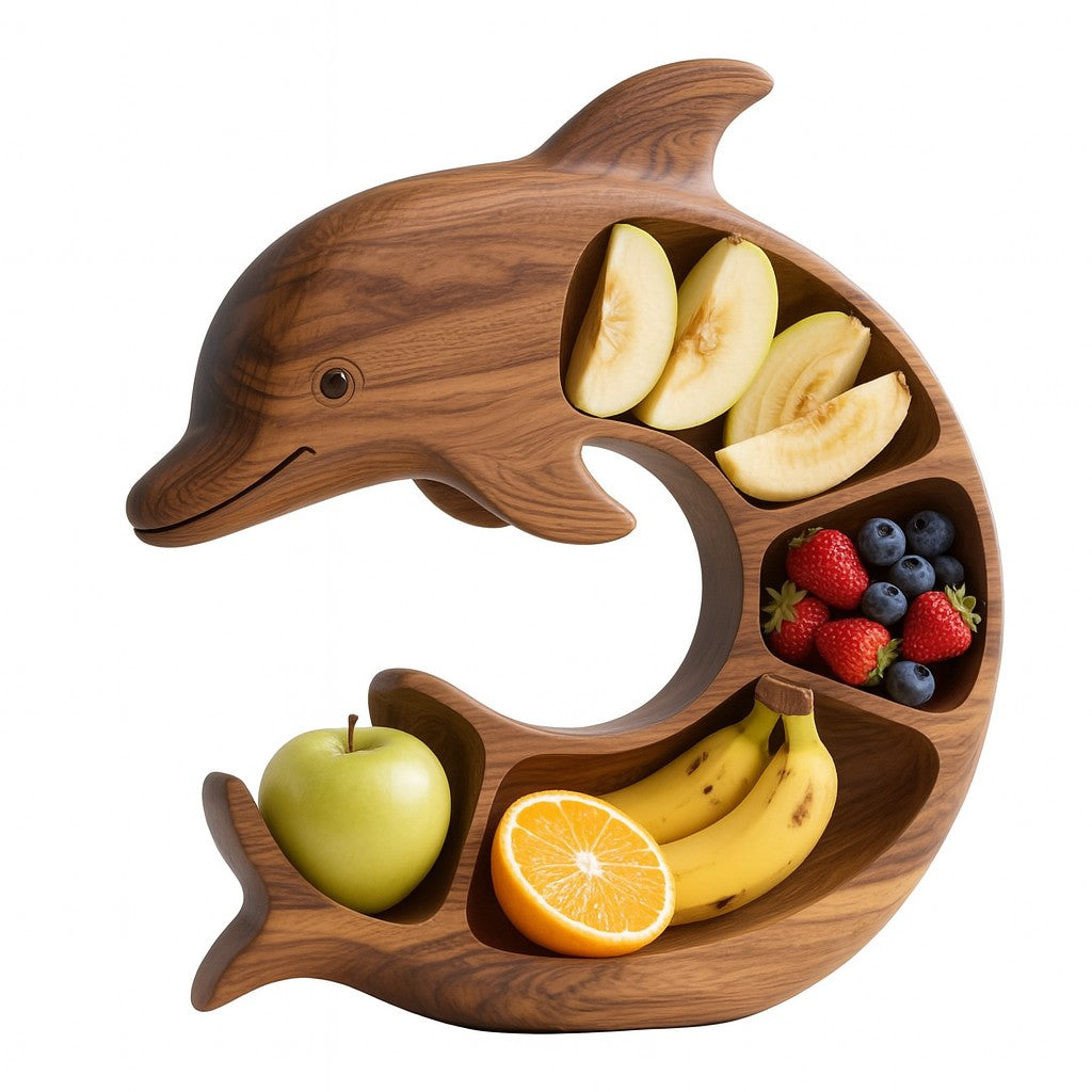 Platou pentru Servire, Klevo, in Forma de Delfin, 4 Compartimente pentru Mezeluri, Branzeturi, Snacksuri, Fructe, Design Artistic, din Lemn Masiv, 26 x 25 x 4 cm, Maro Natur