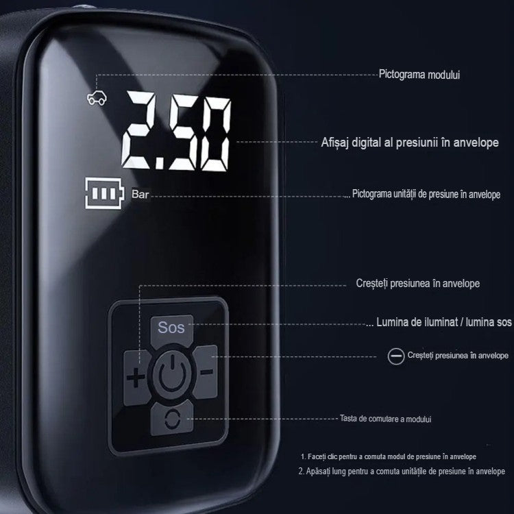 Pompa de Aer Wireless, Klevo, Portabila, 150 PSI, Pentru Anvelope si Mingi, Baterie 2000 mAh, Afisaj Digital, 12.7 x 8.5 cm, Negru