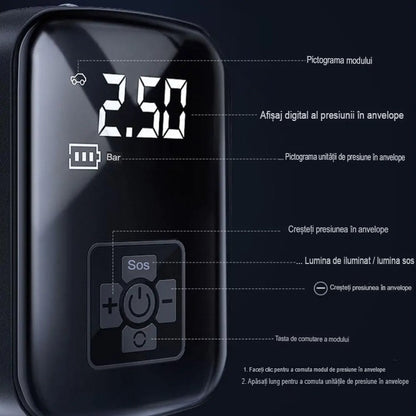 Pompa de Aer Wireless, Klevo, Portabila, 150 PSI, Pentru Anvelope si Mingi, Baterie 2000 mAh, Afisaj Digital, 12.7 x 8.5 cm, Negru