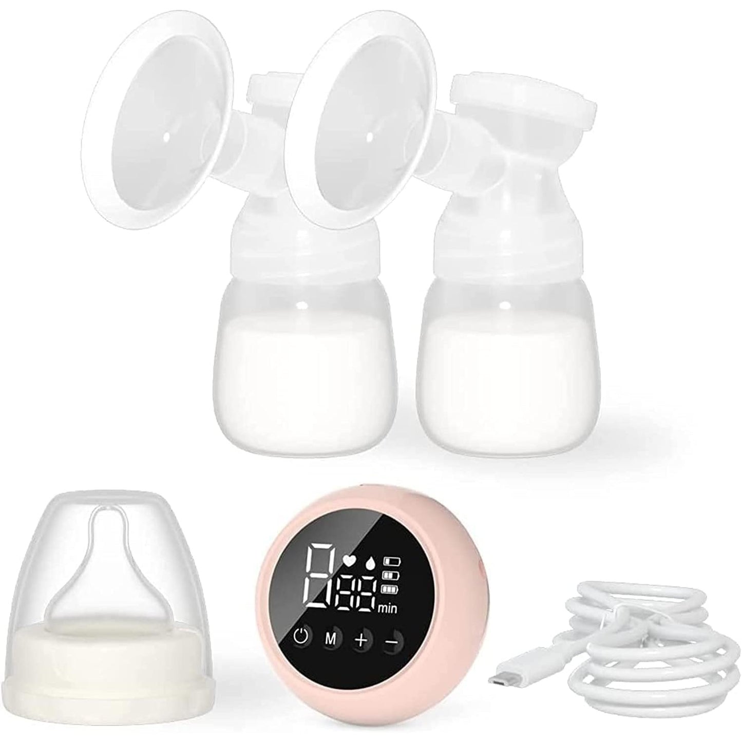 Pompa de San Electrica 2 in 1, Klevo, cu 2 Biberoane, Capacitate 180 ml, Incarcare USB Tip C, 1200 mAh, 2 Moduri, 9 Viteze, Roz Transparent