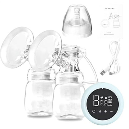 Pompa de San Electrica 2 in 1, Klevo, cu 2 Biberoane, Capacitate 180 ml, Incarcare USB Tip C, 1200 mAh, 2 Moduri, 9 Viteze, Albastru Transparent