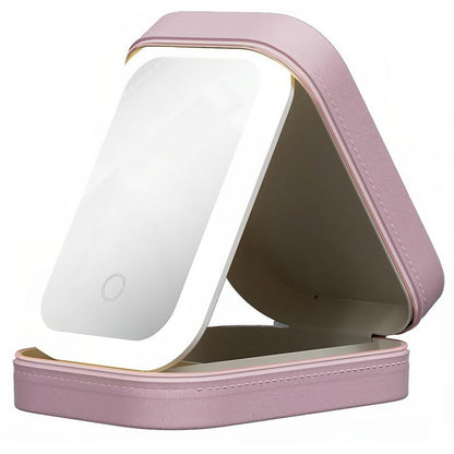 Portfard, Klevo, Geanta Cosmetice, cu Oglinda LED, 3 Moduri de Lumina, Incarcare USB, Baterie 1200 mAh, pentru Organizarea Cosmeticelor, 4 Compartimente, Imitatie Piele, Roz, 16.5x11.5x6 cm