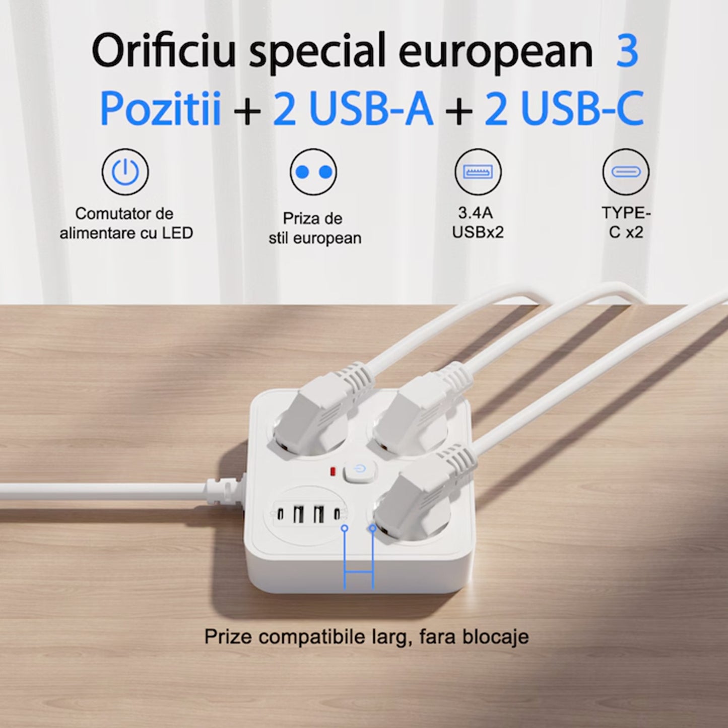 Prelungitor Multifunctional pentru Birou, Klevo, 3 Prize, 2 USB-A, 2 TYPE-C, Suport pentru Telefon, 3250W, Lungime Cablu 2 m, 11.4 x 12.4 cm, Alb