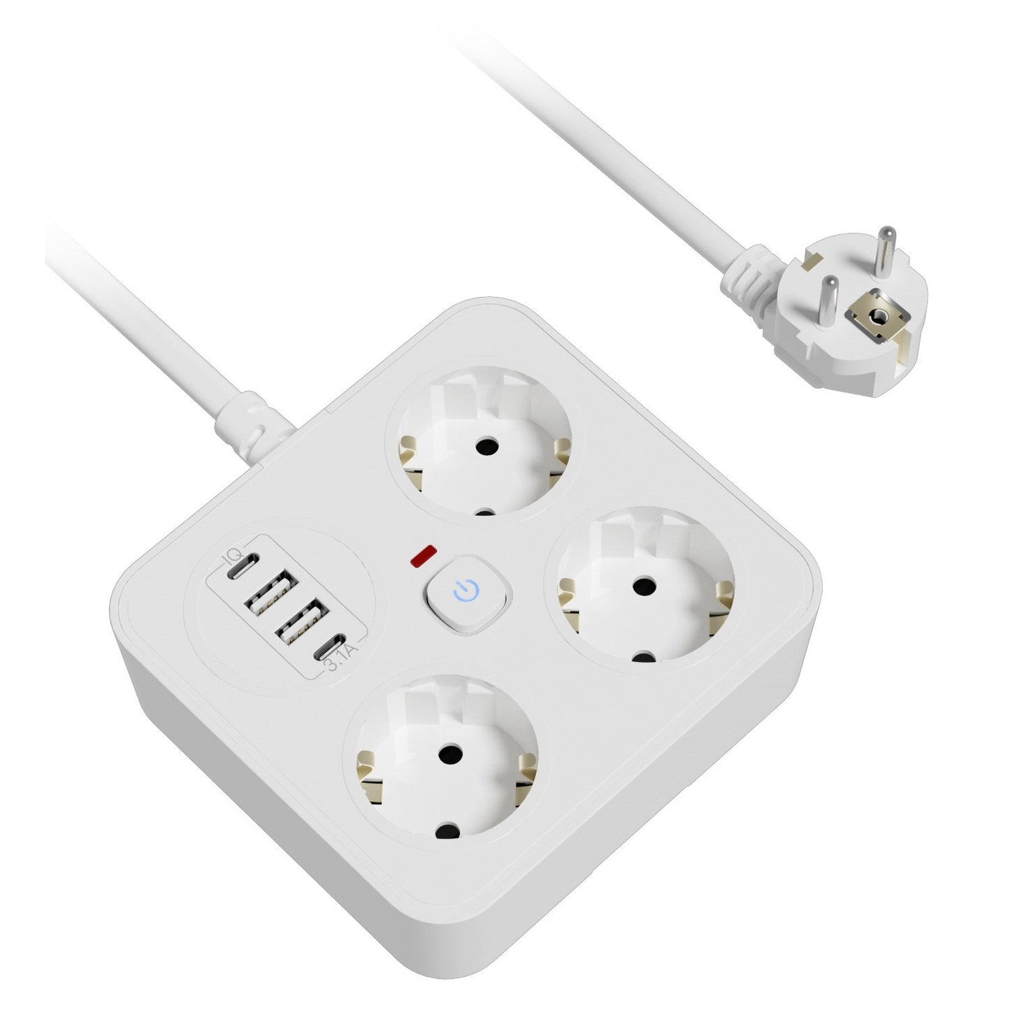 Prelungitor Multifunctional pentru Birou, Klevo, 3 Prize, 2 USB-A, 2 TYPE-C, Suport pentru Telefon, 3250W, Lungime Cablu 2 m, 11.4 x 12.4 cm, Alb