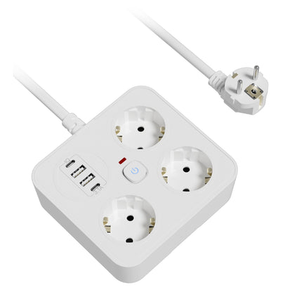 Prelungitor Multifunctional pentru Birou, Klevo, 3 Prize, 2 USB-A, 2 TYPE-C, Suport pentru Telefon, 3250W, Lungime Cablu 2 m, 11.4 x 12.4 cm, Alb
