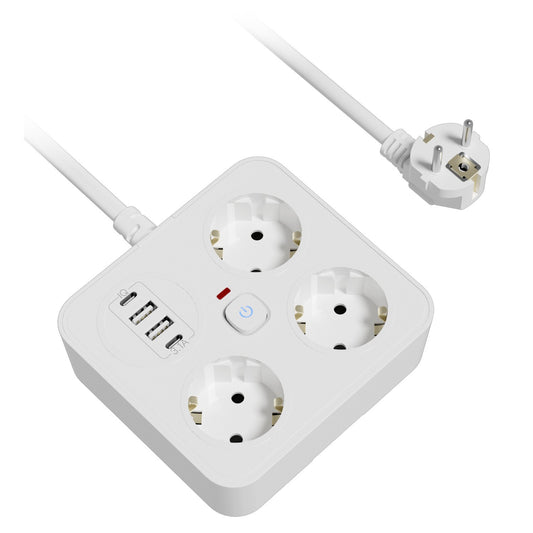 Prelungitor Multifunctional pentru Birou, Klevo, 3 Prize, 2 USB-A, 2 TYPE-C, Suport pentru Telefon, 3250W, Lungime Cablu 2 m, 11.4 x 12.4 cm, Alb
