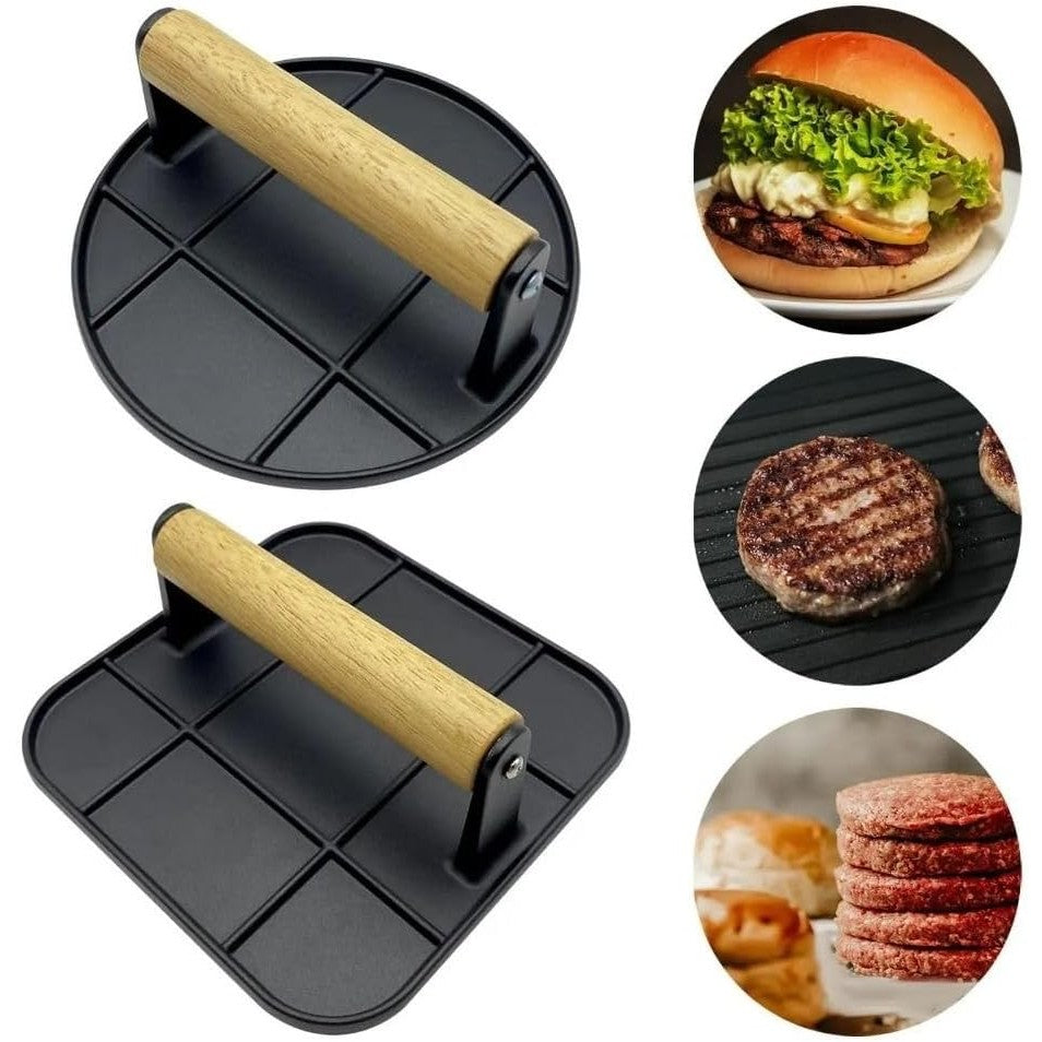 Presa Manuala pentru Carne, Klevo, din Aliaj de Aluminiu, Maner din Lemn, Presa pentru Burgeri, Usor de Curatat si Folosit, Patrata, 16x16x6 cm, Neagra