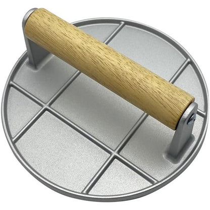 Presa Manuala pentru Carne, Klevo, din Aliaj de Aluminiu, Maner din Lemn, Presa pentru Burgeri, Usor de Curatat si Folosit, Rotunda, 16x16x6 cm, Gri