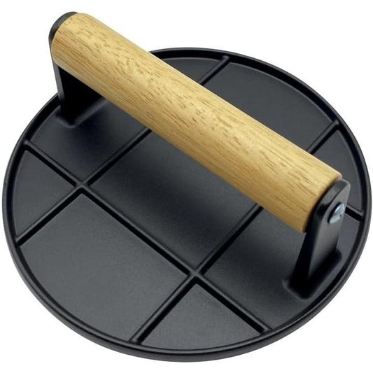 Presa Manuala pentru Carne, Klevo, din Aliaj de Aluminiu, Maner din Lemn, Presa pentru Burgeri, Usor de Curatat si Folosit, Rotunda, 16x16x6 cm, Neagra