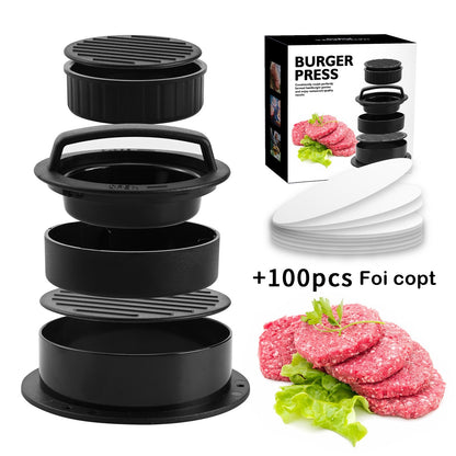 Presa dubla pentru hamburgeri 2 in 1, forma si presa, doua dimensiuni, cu maner, usor de curatat si folosit, material ABS, 100 de foi hartie de copt incluse, 13x13.5x7 cm, fara lipire, neagra