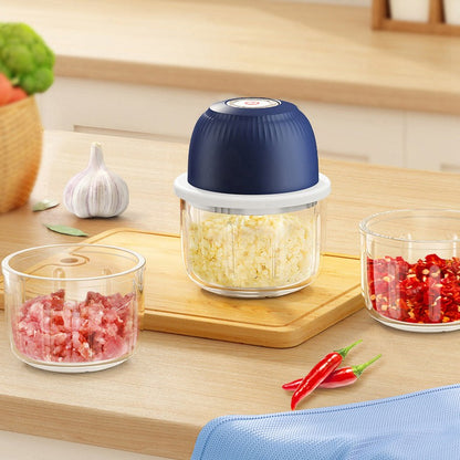 Tocator Electric pentru Bucatarie, Klevo, Model Presa Electrica pentru Legume Fructe Carne Umpluturi Sosuri, Otel Inoxidabil, 14 x 10.5 x 10.5 cm, 350 ml, Albastru Inchis