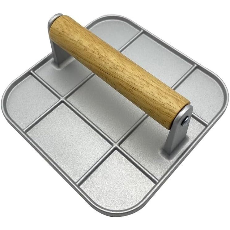 Presa Manuala pentru Carne, Klevo, din Aliaj de Aluminiu, Maner din Lemn, Presa pentru Burgeri, Usor de Curatat si Folosit, Patrata, 16x16x6 cm, Gri