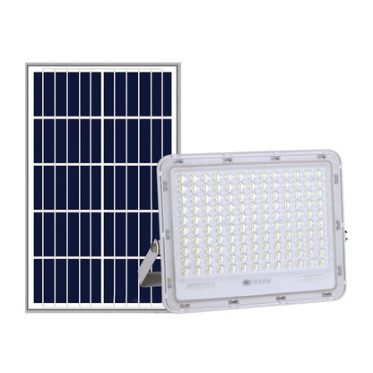 Proiector LED cu Panou Solar Klevo, Senzor de lumina Waterproof, 100W, 23x18 cm, suport U inclus, panou afisaj nivel baterie, telecomanda, 220V, Design Modern, Alb