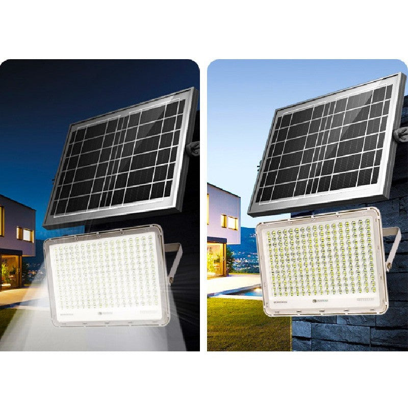 Proiector LED cu Panou Solar Klevo, Senzor de lumina Waterproof, 200W, 29x23 cm, suport U inclus, panou afisaj nivel baterie, telecomand, 220V, Design Modern, Alb