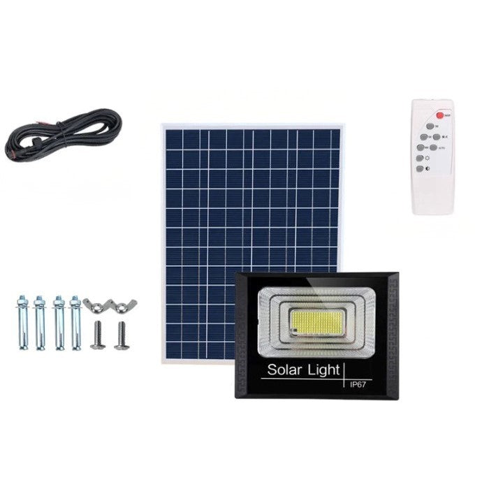 Proiector LED/Lampa solara de exterior Klevo, 15 cm x 12 cm, Rezistent la Apa IP67, cu Panou Solar, 100 LED SMD, 30W, Senzor de lumina, Timer, cu