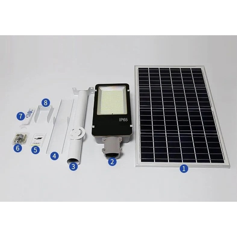Proiector LED pentru stalp, casa, perete cu suport metalic inclus, Klevo, 38,5 cm x 14,2 cm, Rezistent la Apa IP65, cu Panou Solar, 240 COB LED, 50 W, Senzor de lumina, Timer, cu Telecomanda, intensitate reglabila, kit montaj inclus, Lumina Rece