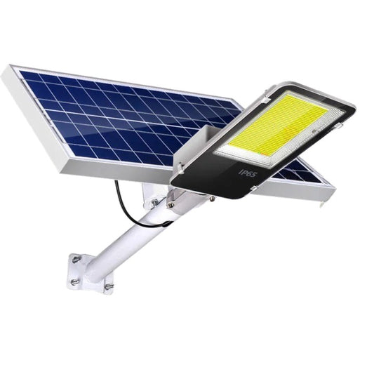 Proiector LED pentru stalp, casa, perete cu suport metalic inclus, Klevo, 38,5 cm x 14,2 cm, Rezistent la Apa IP65, cu Panou Solar, 240 COB LED, 50 W, Senzor de lumina, Timer, cu Telecomanda, intensitate reglabila, kit montaj inclus, Lumina Rece
