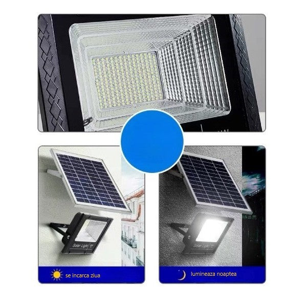 Proiector LED/Lampa solara de exterior Klevo, 22 cm x 27 cm, Rezistent la Apa IP67, cu Panou Solar, 248 LED SMD, 150 W, Senzor de lumina, Timer, cu Telecomanda, 2 moduri de iluminat, kit montaj inclus, Lumina Rece
