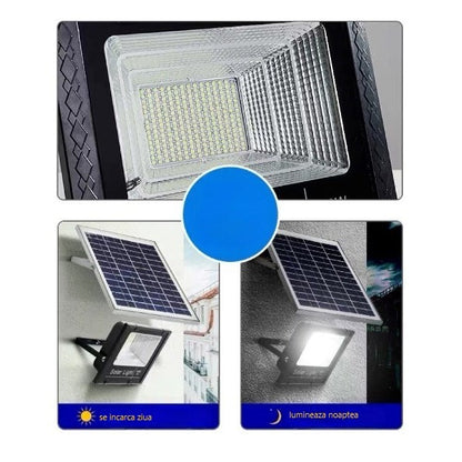 Proiector LED/Lampa solara de exterior Klevo, 22 cm x 27 cm, Rezistent la Apa IP67, cu Panou Solar, 248 LED SMD, 150 W, Senzor de lumina, Timer, cu Telecomanda, 2 moduri de iluminat, kit montaj inclus, Lumina Rece