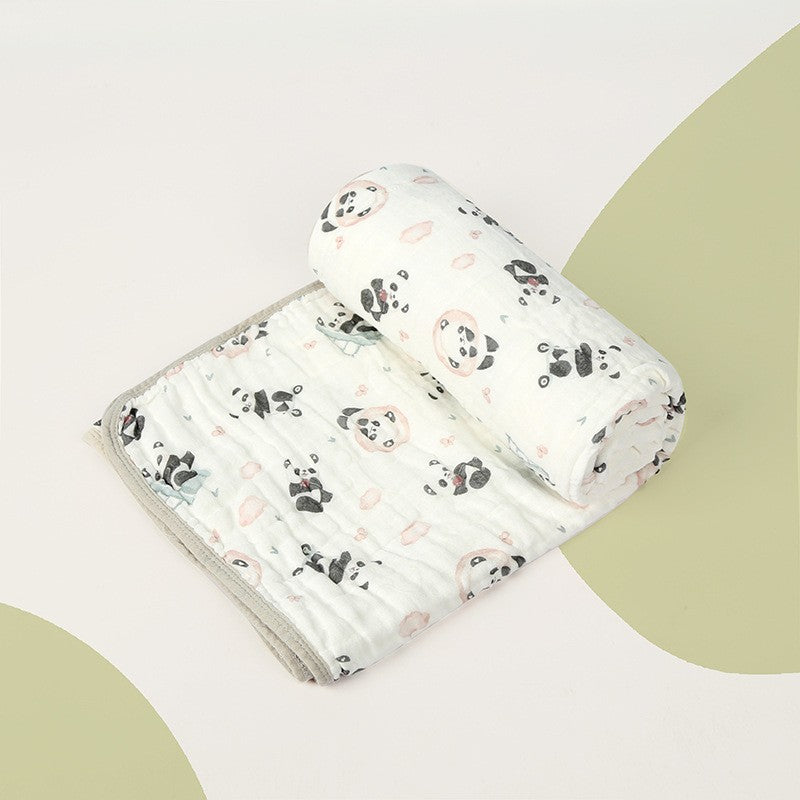 Prosop de baie din bumbac si tifon pentru Bebelusi, Klevo, cu Sase Straturi, pentru Copii, 110x110 cm, Model Panda, Bej Verde
