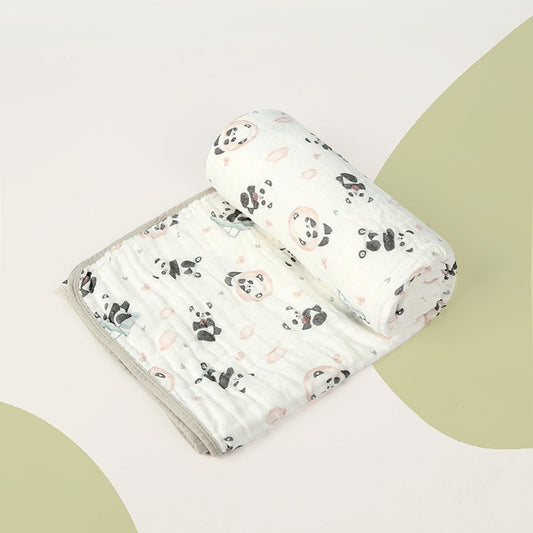 Prosop de baie din bumbac si tifon pentru Bebelusi, Klevo, cu Sase Straturi, pentru Copii, 110x110 cm, Model Panda, Bej Verde